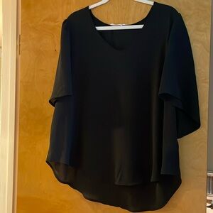 Lush Black V-Neck Blouse, Short Flutter Sleeves, Lightweight, Size 1X